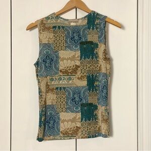 Vintage 90s Y2K Womens Blue Tan Patchwork Print Stretchy Sleeveless Top Medium